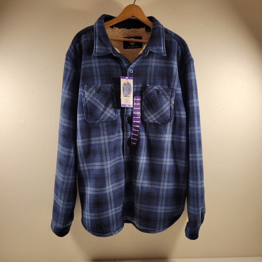 NWT Weatherproof Lined Shacket Mens XXL Blue Plaid Fleece Faux Shearling 1180